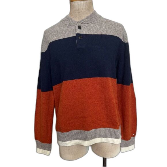 Y2K Tommy Hilfiger Beige Navy Orange Wool Sweater - Men XL - Winter Grandpa - Picture 1 of 7
